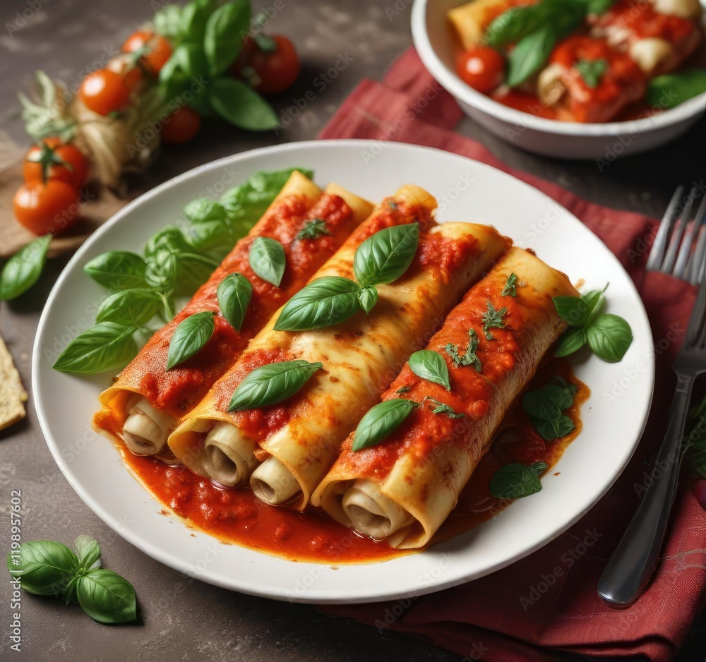 A plate of freshly baked cannelloni, garnished with fresh basil leaves, fresh basil, homestyle cooking, bechamel sauce A plate of freshly baked cannelloni, garnished with fresh basil leaves, fresh basil, homestyle cooking, bechamel sauce