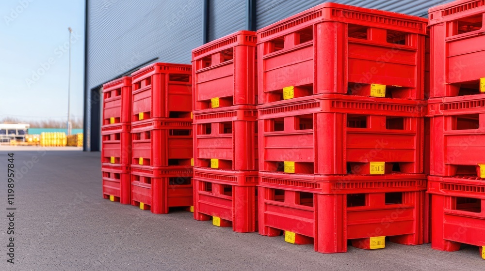 Stacked red storage crates in a warehouse environment. Stacked red storage crates in a warehouse environment.