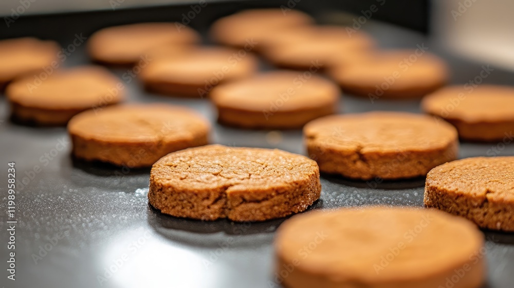 Freshly Baked Gingerbread Cookies on Dark Baking Sheet with Soft Focus Background and Empty Space for Text in Warm Brown Tones Freshly Baked Gingerbread Cookies on Dark Baking Sheet with Soft Focus Background and Empty Space for Text in Warm Brown Tones