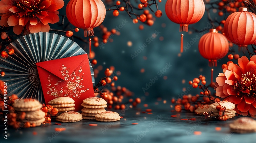 Naklejka premium Festive Lunar New Year scene with red envelopes, lanterns, flowers, and cookies.