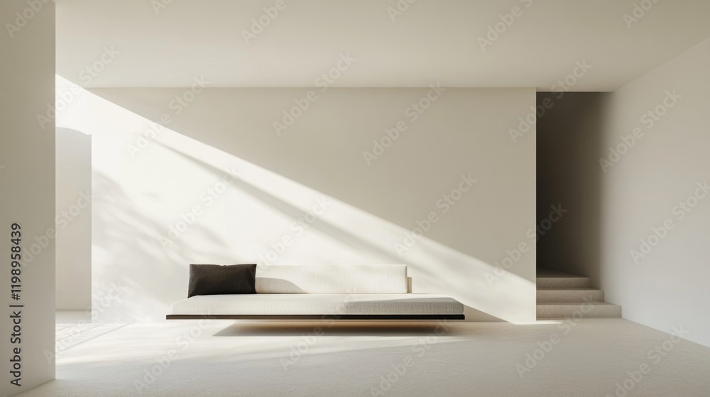 Fototapeta premium Minimalist living room interior with light streaming through large windows, featuring a low-profile sofa and neutral color palette, Copy Space