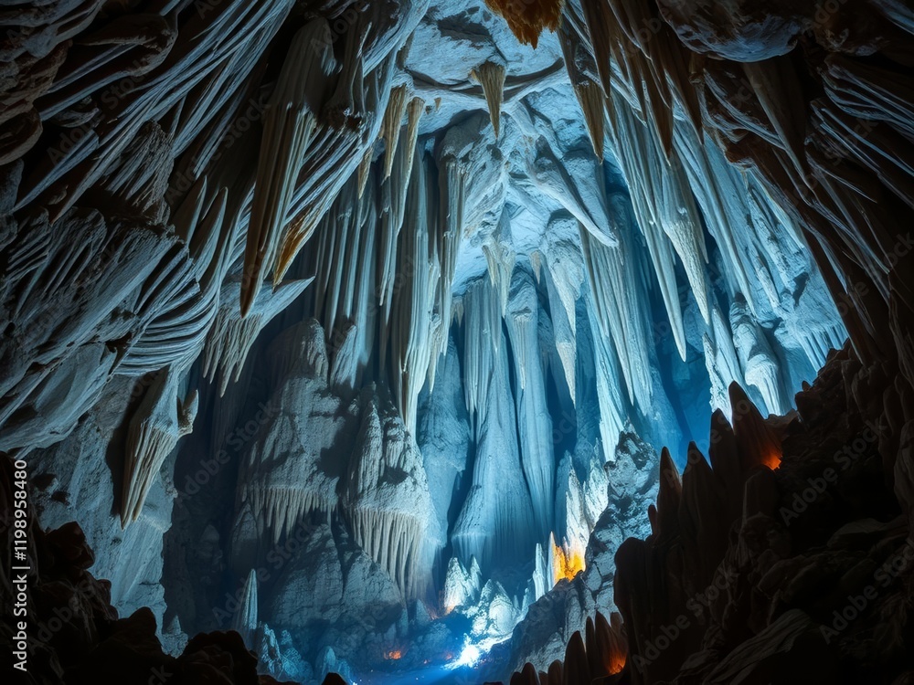 Naklejka premium Ancient crystal formations in crystal caverns with stalactites