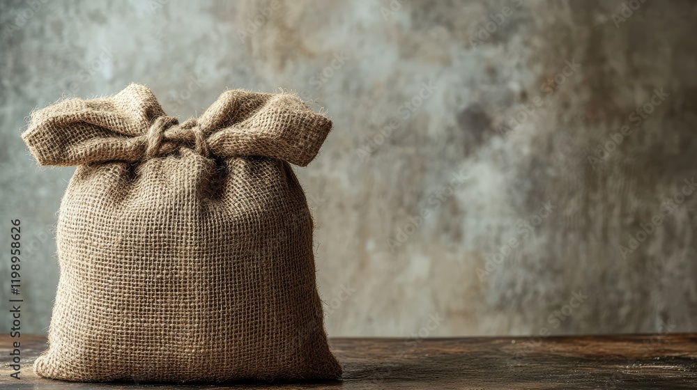 Close-up of burlap storage bag on wooden table with empty space for text or branding, rustic background.