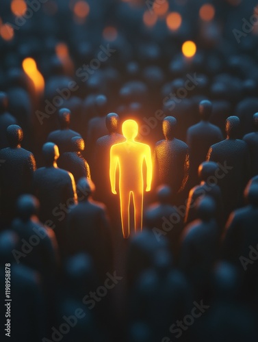 Glowing figure standing out in a crowd. Leadership and thought leader business concept. photo