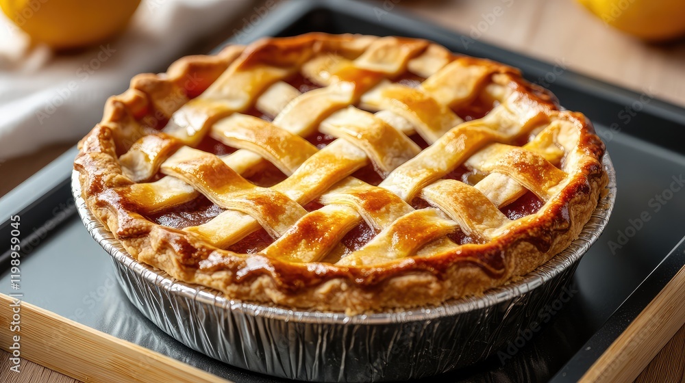 Mini fruit pie on a tray with empty space for text, close-up view, dessert presentation. Mini fruit pie on a tray with empty space for text, close-up view, dessert presentation.
