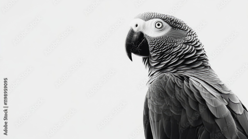 Obraz premium Black and white portrait of a parrot with detailed feathers and expressive eyes against a plain background with copy space
