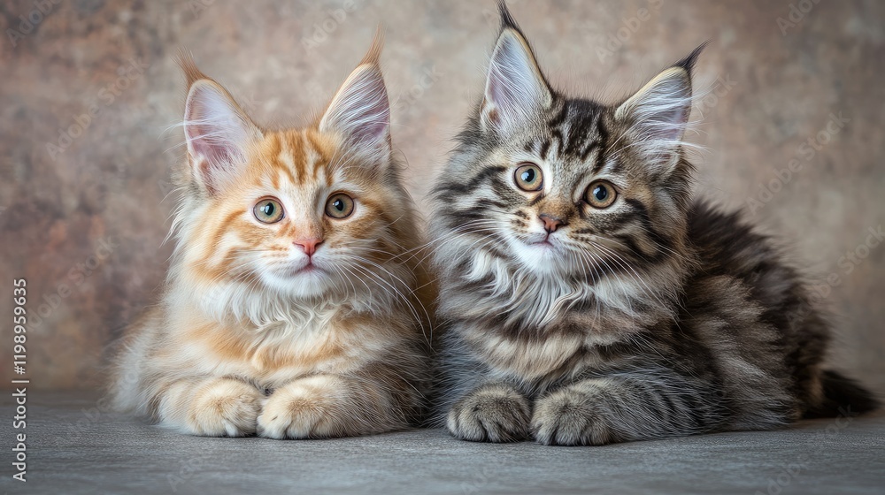 Close up portrait of two adorable domestic cats with soft fur in a serene neutral background, showcasing warmth and companionship in animal photography Close up portrait of two adorable domestic cats with soft fur in a serene neutral background, showcasing warmth and companionship in animal photography