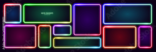 Colorful glowing neon banners, illuminated square frames. Shiny vibrant border, glow effect. Purple vintage retro lights, night illumination. Modern futuristic UI design elements. Vector illustration