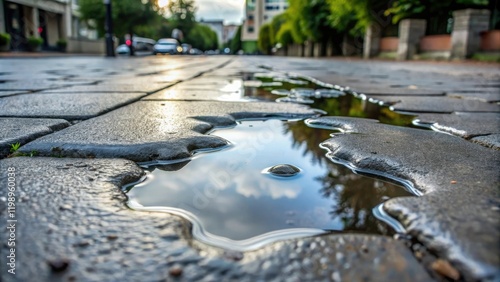 A puddle of gray slime on a wet pavement, water, flood photo