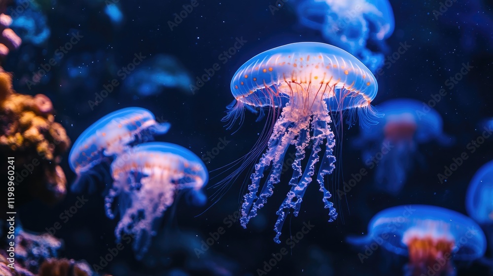 Obraz premium Underwater scene of jellyfish illuminated in blue light against a dark background with Copy Space for text addition.
