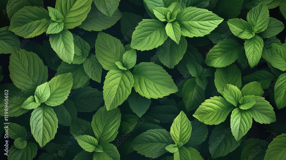 Close up of vibrant green mint leaves textured background with abundant foliage and empty copy space for text in natural lighting Close up of vibrant green mint leaves textured background with abundant foliage and empty copy space for text in natural lighting