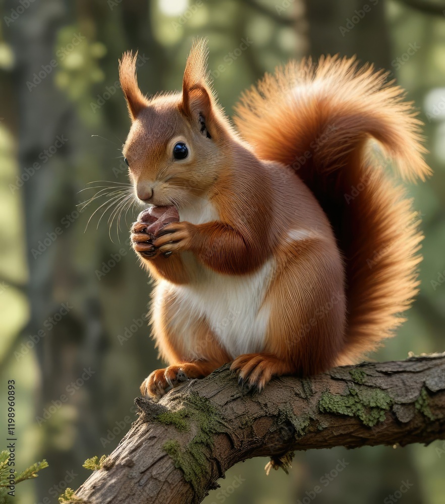 Obraz premium A red squirrel perches on a thin limb eating a single nut in the woods, red squirrel, small mammal, bushy tail