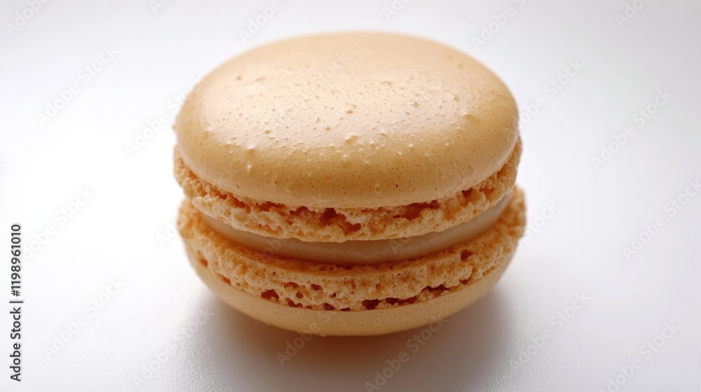 Single macaron cookie on a white background with copy space for text placement Single macaron cookie on a white background with copy space for text placement