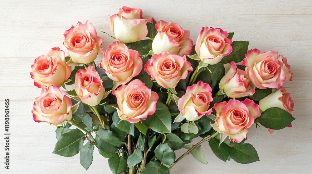 Obraz premium Flowers background,Love concept, valentine day, Bouquet of beautiful pink roses on white wooden background,Top view, Generative ai