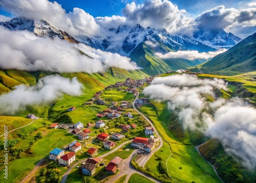 Aerial View of Gomis Mta, Georgia - Mountain Village, Clouds, Snow photo