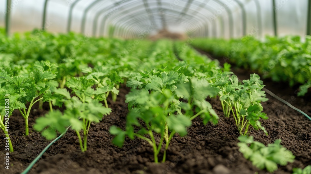 Close-up of lush green cilantro seedlings being planted by a gardener in a bright greenhouse with expansive copy space for text in the foreground Close-up of lush green cilantro seedlings being planted by a gardener in a bright greenhouse with expansive copy space for text in the foreground
