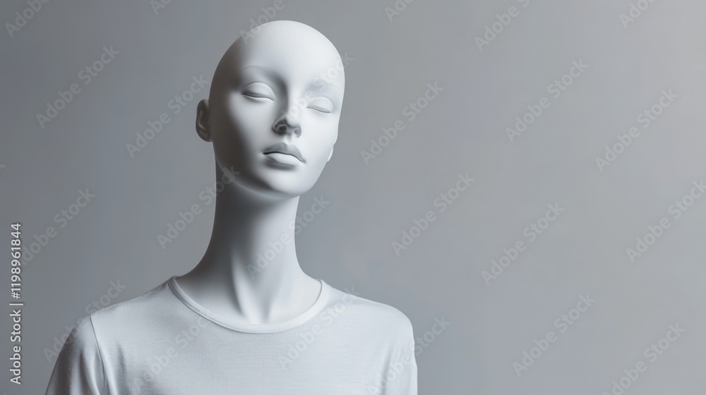White mannequin with a smooth finish posing against a neutral gray background with ample copy space for text placement. White mannequin with a smooth finish posing against a neutral gray background with ample copy space for text placement.