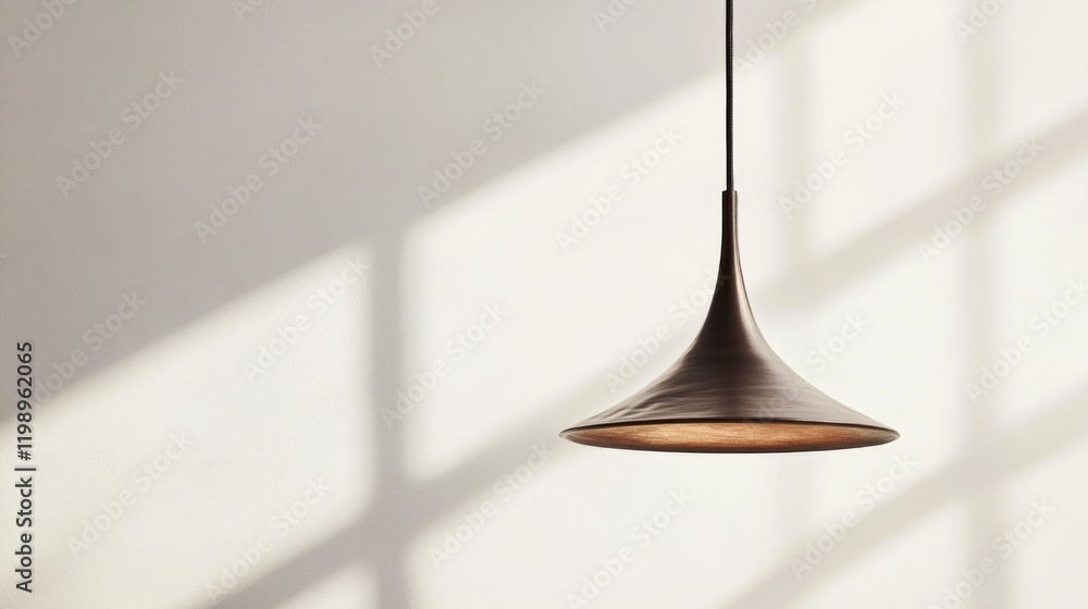 Modern pendant lamp hanging against a softly lit wall with natural shadows and Copy Space for text placement Modern pendant lamp hanging against a softly lit wall with natural shadows and Copy Space for text placement