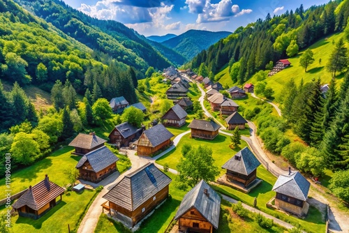 Aerial View of Eco-Village Drvengrad, Serbia, June 2017 photo