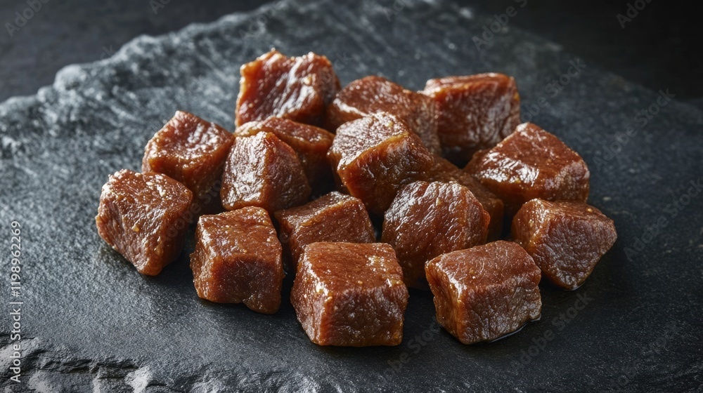 Dried unseasoned beef cubes on a dark stone slate background with natural lighting Copy Space Dried unseasoned beef cubes on a dark stone slate background with natural lighting Copy Space