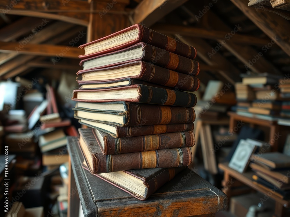 Obraz premium Vintage leather bound books crowd an old wooden bookshelf in a cluttered attic