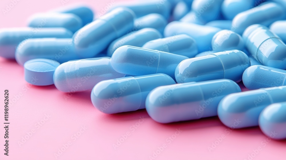 Blue Pill Capsules on Soft Pink Surface for Medical and Health Concepts Blue Pill Capsules on Soft Pink Surface for Medical and Health Concepts