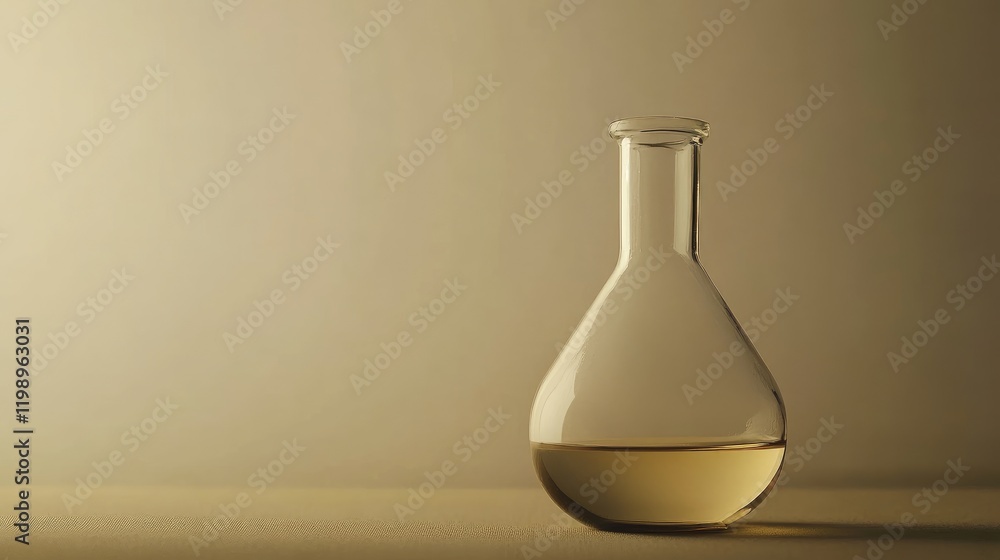 Close up of a transparent chemical flask filled with yellow liquid placed on a soft beige background in a well-lit laboratory setting Close up of a transparent chemical flask filled with yellow liquid placed on a soft beige background in a well-lit laboratory setting