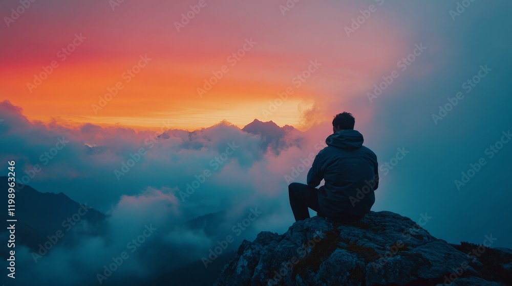 Silhouette of a man sitting on a mountain peak overlooking a beautiful sunset with clouds. Silhouette of a man sitting on a mountain peak overlooking a beautiful sunset with clouds.
