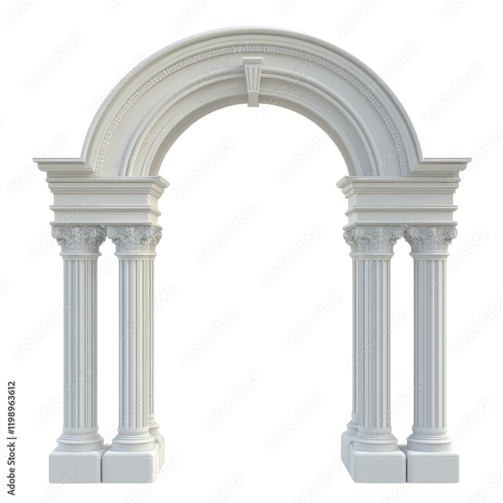 Elegant white architectural arch with decorative columns and classic design features.
