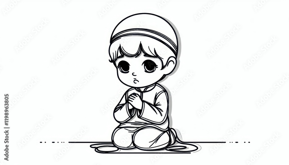 a Muslim child praying, line art illustration, isolated white background a Muslim child praying, line art illustration, isolated white background