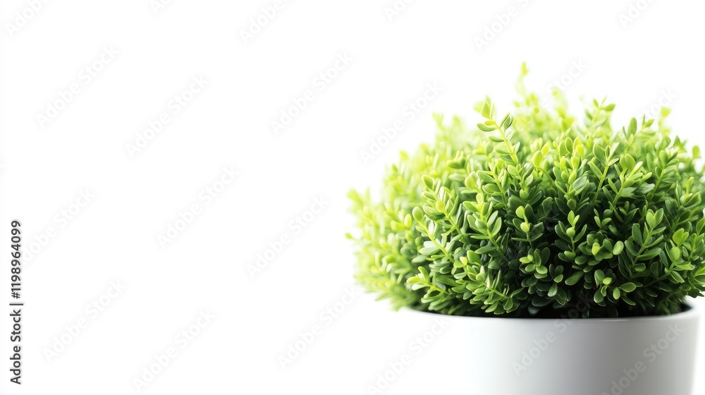 Fototapeta premium Close-up of Lush Green Plant in White Pot on White Background with Space for Text