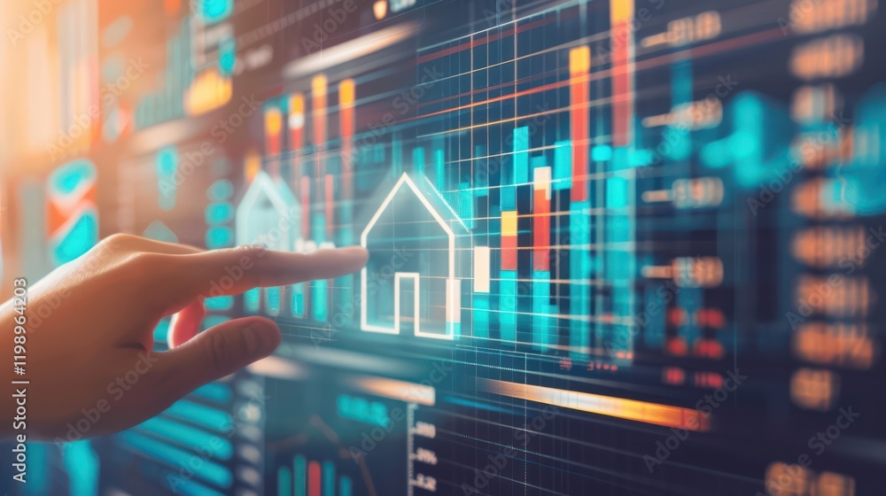 A hand touches a virtual house icon, surrounded by real estate details, charts, and financial data, showcasing advanced tools for property investment analysis. A hand touches a virtual house icon, surrounded by real estate details, charts, and financial data, showcasing advanced tools for property investment analysis.