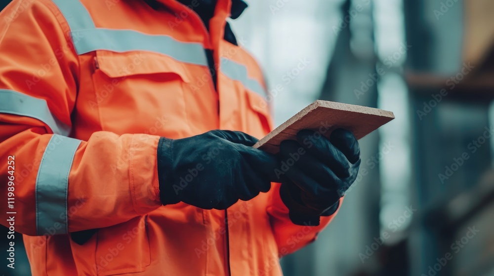 Obraz premium Caucasian builder in bright orange safety jacket and black gloves holding a brick and trowel at construction site with industrial backdrop and empty text space
