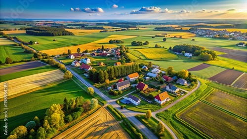 Aerial View of Rural Poland - Buildings, Road, Fields
