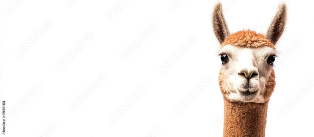 Obraz premium Close up of a serious male alpaca with light brown fur against a clean white background ideal for text overlay in animal photography