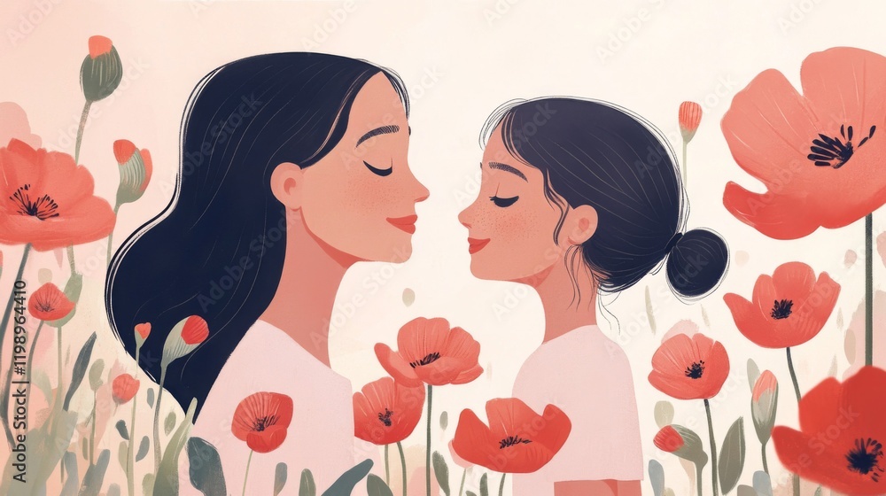 Tender Moment Mother and Daughter in Poppy Field