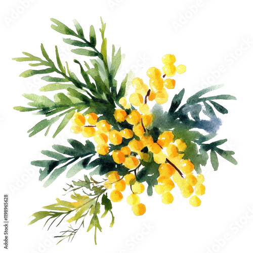 Vibrant watercolor illustration of yellow mimosa flowers with lush green leaves.