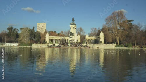 Amazing view of the Buen Retiro park from the lake at the sunset
