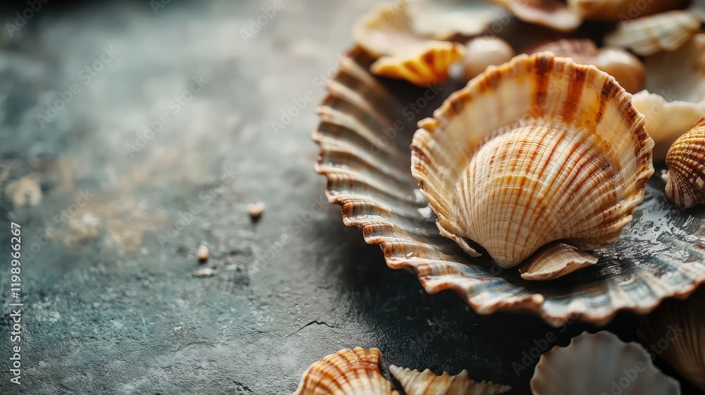Close-up view of a textured clam shell and assorted seashells arranged on a dark stone surface with empty space for text and natural coastal hues. Close-up view of a textured clam shell and assorted seashells arranged on a dark stone surface with empty space for text and natural coastal hues.