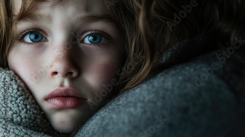 Emotional Close Up of a Concerned Parent Embracing Distressed Child with Blue Eyes in Soft Gray Tones and Warm Indoor Setting photo