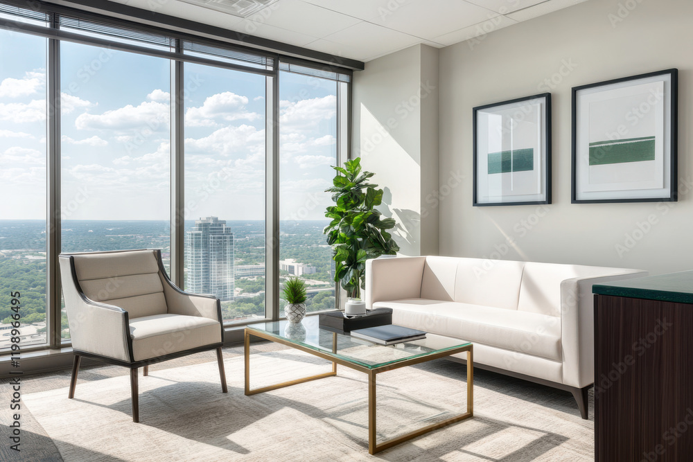 Fototapeta premium Bright and airy office with panoramic city view and modern furniture