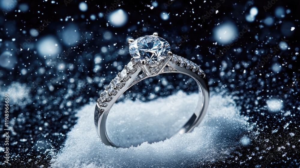 Freshly Fallen Snow on Elegant Diamond Ring Surrounded by Soft Flurries with Dark Background and Ample Copy Space for Text Freshly Fallen Snow on Elegant Diamond Ring Surrounded by Soft Flurries with Dark Background and Ample Copy Space for Text
