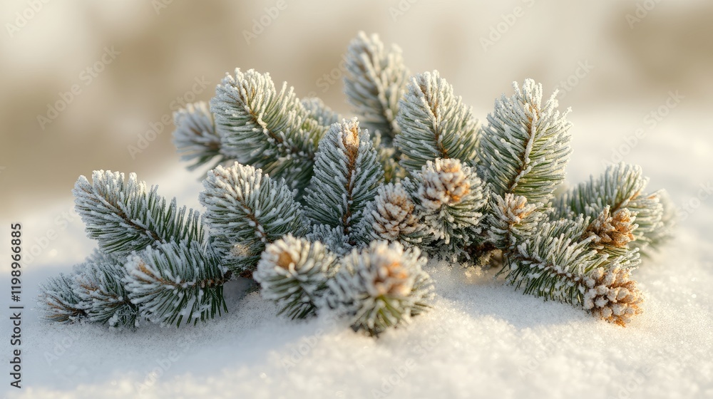 Frosted Fir Tree Branches in Soft Snowy Landscape with Winter Holiday Atmosphere and Gentle Bokeh Background for Text Placement Frosted Fir Tree Branches in Soft Snowy Landscape with Winter Holiday Atmosphere and Gentle Bokeh Background for Text Placement