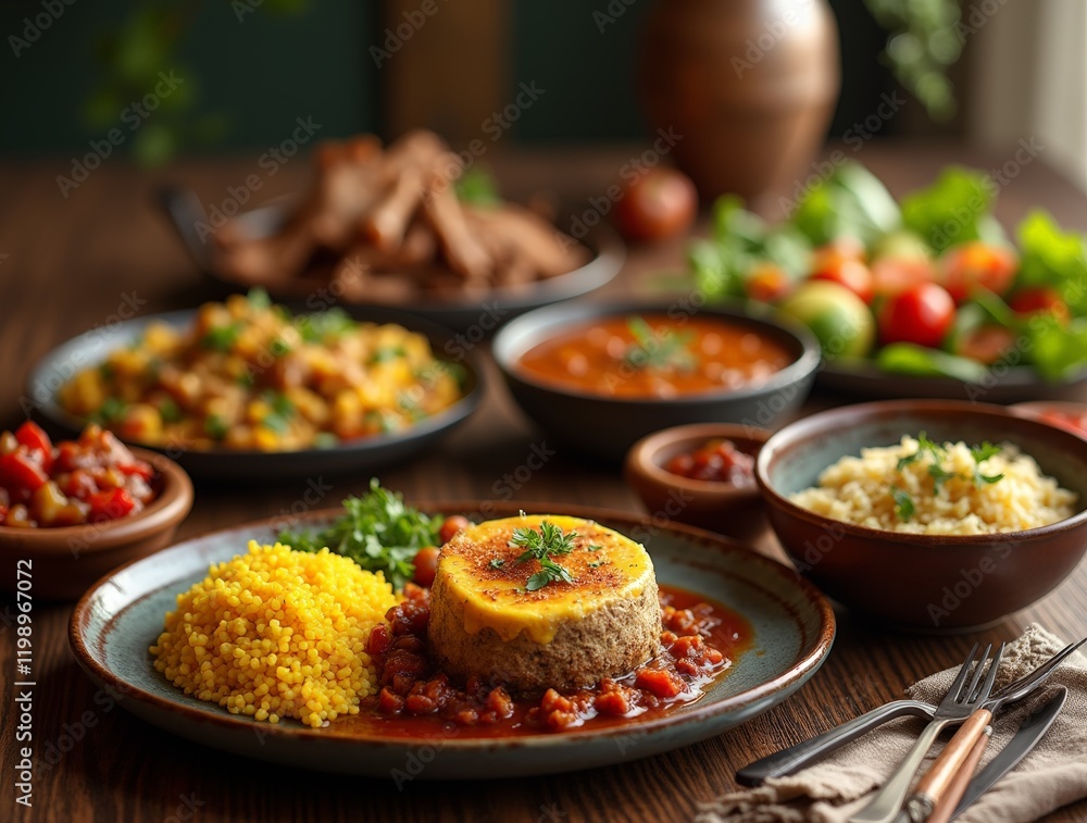 Fototapeta premium Colorful spread of traditional dishes on a wooden table in a cozy dining setting