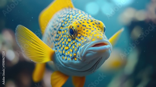 Close up of vibrant yellow spotted sweetlips fish against a blurred aquarium background with rich blues and greens, ideal for marine life concepts. photo