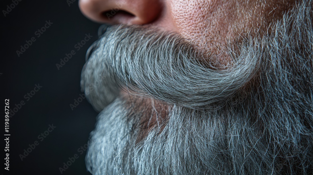Close up side profile of a man's gray fluffy mustache emphasizing length and texture with dark background and empty space for text Close up side profile of a man's gray fluffy mustache emphasizing length and texture with dark background and empty space for text