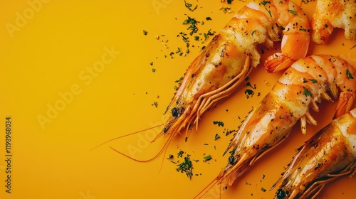 Close-up of grilled shrimp garnished with herbs against a vibrant orange background, featuring empty space for text or graphic elements. photo