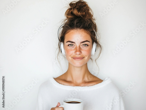 A happy young woman with headphones holding her coffee cup.