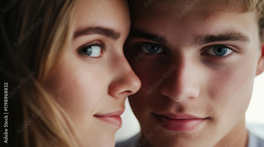 Intimate close up portrait of young couple with soft natural light and neutral tones, gazing at the camera, ideal for romantic themes and empty text space. Intimate close up portrait of young couple with soft natural light and neutral tones, gazing at the camera, ideal for romantic themes and empty text space.