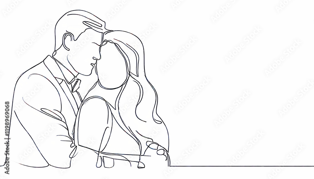 a love couple embracing, single continuous line art illustration isolated white a love couple embracing, single continuous line art illustration isolated white